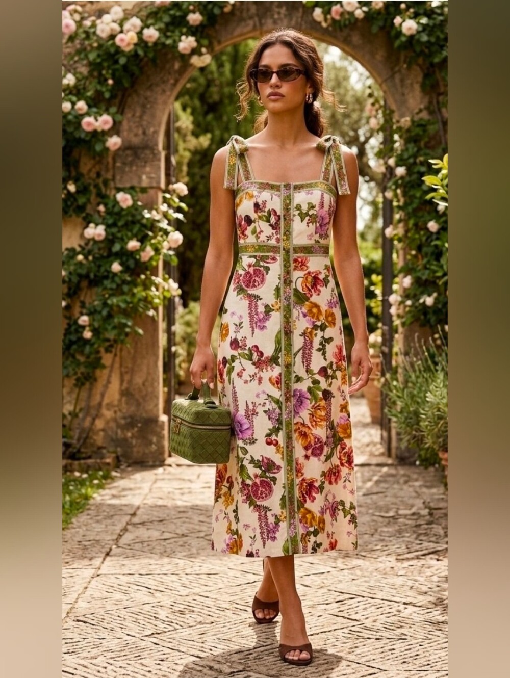 Sz XS M L H&M Tie-strap Viscose-blend Dress Beige/green/ floral New